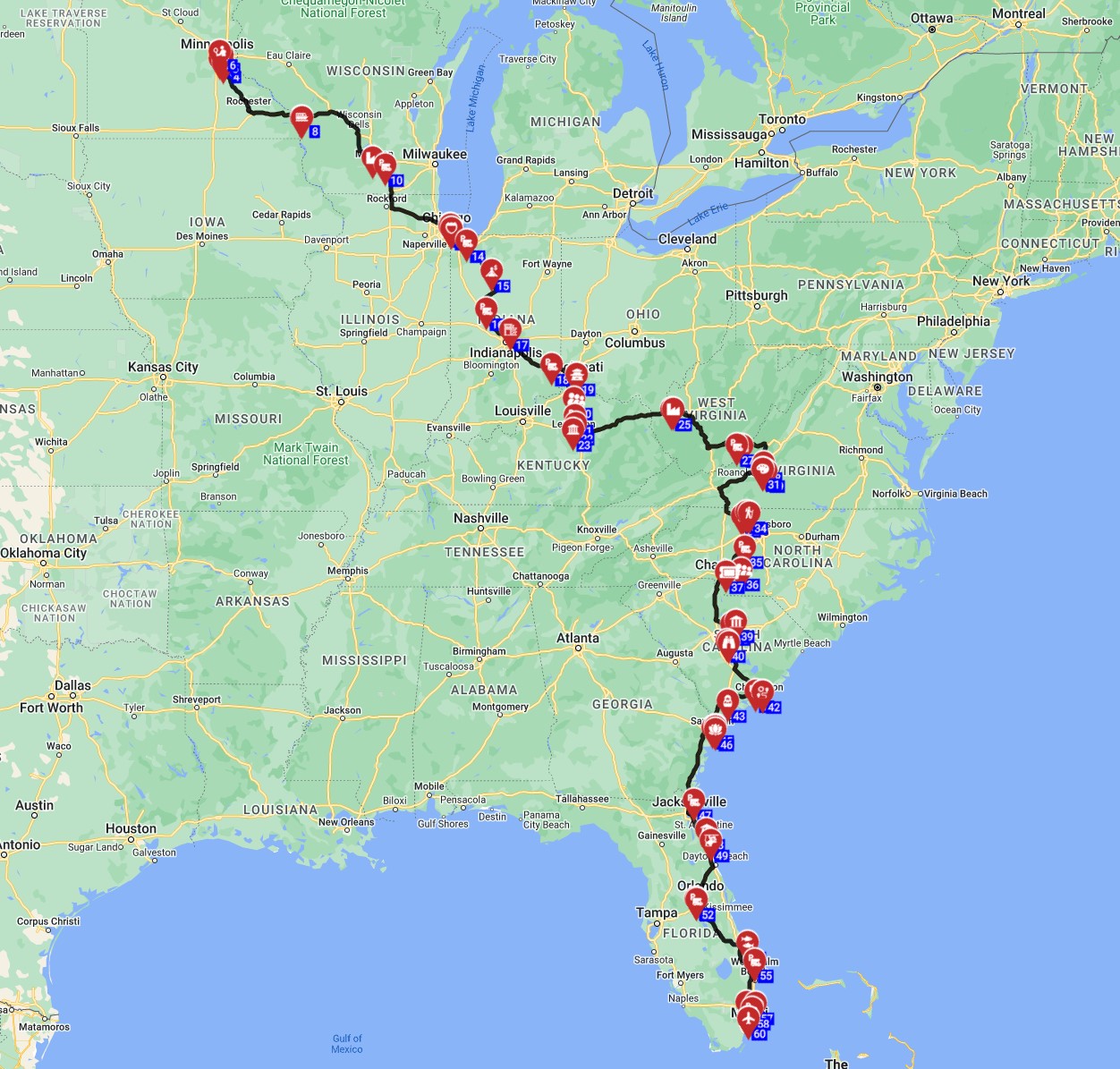 USA RV route plan for a motorhome trip from Minneapolis to Miami RV plan
